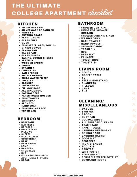 College Apartment Checklist, New Apartment Checklist, First College Apartment, College Apartment Kitchen, College Apartment Ideas, Apartment Necessities, First Apartment Tips, College Bedroom Apartment, First Apartment Essentials