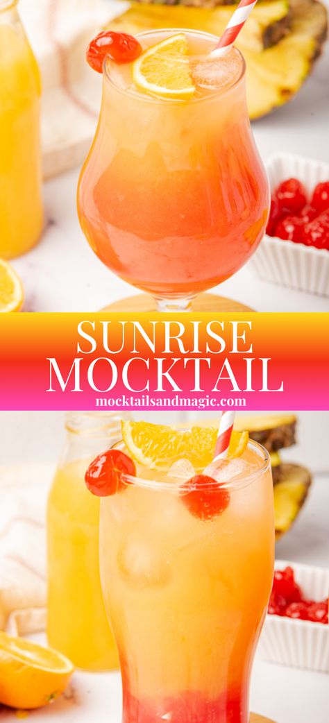 Sunrise Mocktail – This tropical and sweet Sunrise Mocktail is like a classic Tequila Sunrise but in a non-alcoholic version! Perfect pineapple and orange mocktail for brunch or any other special occasion! Tequila Sunrise Mocktail Recipe, Orange Drink Ideas, Pineapple Juice Mocktail Non Alcoholic, Best Summer Mocktail, Pineapple Juice Mocktail, Sunrise Mocktail Recipe, Tropical Mocktails For Luau, Margarita Recipes Non Alcoholic, Tropical Drink Recipes Nonalcoholic