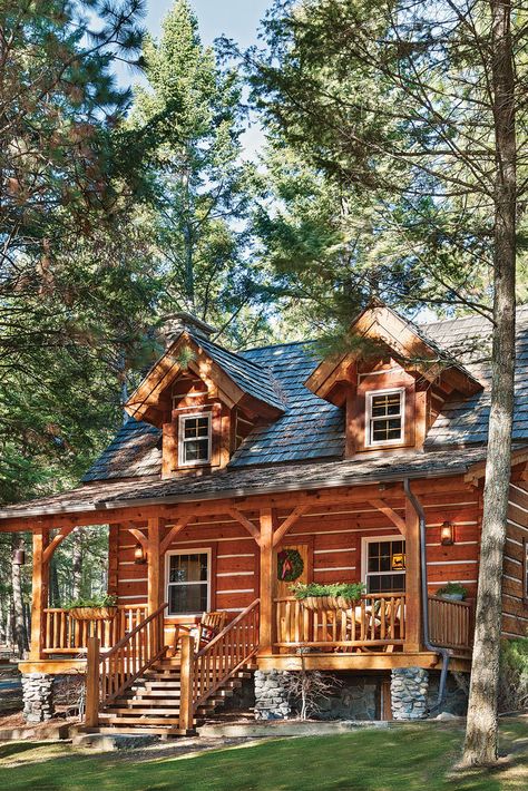 Two Story Log Cabin, Montana Log Cabin, Cabin In Montana, Small Log Cabin Exterior, Big Cabin In The Woods, Cabin Woods Aesthetic, Rustic Log Cabin Exterior, Log Houses Exterior, Montana Cottage