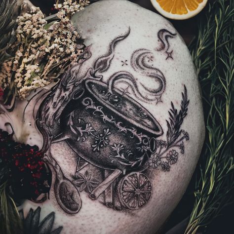 “Kitchen Witch” from my flash, went to the perfect person thanks Rowan! 🍊 🌿 🌟 🥄 Books open June 1st and I will have tons of pre drawn pieces like this one available 🧙🏼‍♀️ #witchtattoo #cauldron #kitchenwitch Witchy Cauldron Tattoo, Witch Tatoos Ideas, Cauldron Tattoo Ideas, Cauldron Tattoos, Halloween Leg Sleeve Tattoo, Samhain Tattoo, Burning Witch Tattoo, Witch Tattoo Sleeve, Apothecary Tattoo