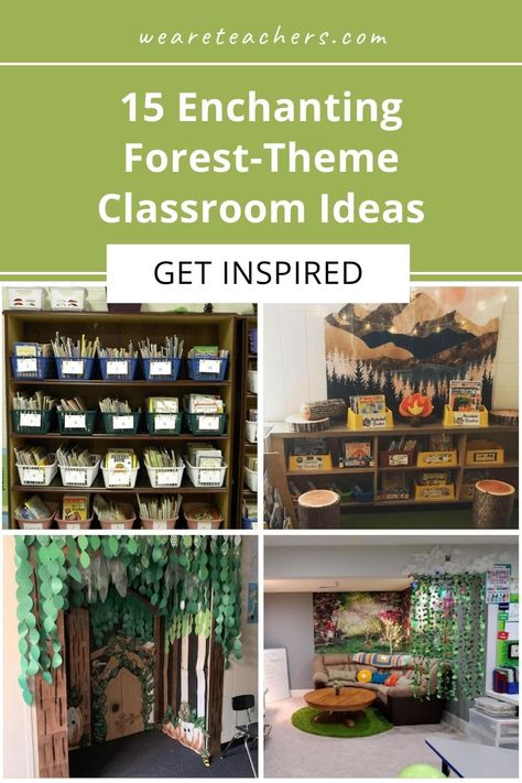 Wood Theme Classroom Decor, Trees In Classroom, Forest Classroom Transformation, Nature Classroom Theme Decor, Tropical Forest Classroom Theme, Forest Library Theme, Tree Theme Classroom, Nature Themed Kindergarten Classroom, Woodlands Theme Classroom