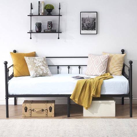 August Grove® Hancock Twin Iron Daybed & Reviews | Wayfair Metal Daybed Room Ideas, Iron Daybed, Office Redo, Trundle Bed With Storage, Basement Room, Forest Room, Sofa Bed Frame, Metal Daybed, Daybed Bedding