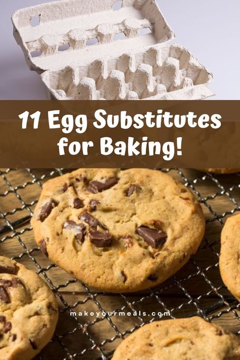 An empty egg carton, and homemade chocolate chip cookies that were made without eggs. From makeyourmeals.com. Vegan Egg Substitute Baking, Egg Substitute For Cookies, Egg Replacement In Baking, Substitute For Eggs, Baking Chocolate Chip Cookies, Egg Substitutes, Egg Substitute In Baking, Baking Chart, Vegan Egg Replacement