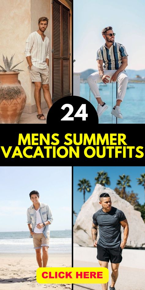 Dress to impress with men's vacation style that caters to different age groups. For those over 50, embrace a refined and sophisticated look with tailored shorts, linen shirts, and boat shoes. Add a stylish blazer for a more formal touch. If you're over 40, opt for smart-casual ensembles with chinos, polo shirts, and loafers. Play with color and patterns to showcase your vibrant personality. For men over 35, go for a mix of casual and trendy outfits. Mens Beach Wear Casual, Resort Casual Men Attire, Men’s Florida Outfits, Resort Attire For Men, Cruise Mens Outfits, Mens Holiday Fashion Summer, Casual Summer Outfits For Men Over 40, Men Beach Outfit Ideas, Men’s Europe Summer Style