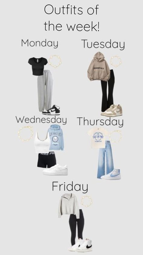 A week of outfits!! #oufitinspo Easy Cute Outfits For School Winter, Monday To Sunday Outfits, What To Wear Every Day Of The Week, Days Of The Week Outfits School, Week School Outfits, Outfits For The Week Winter, Monday Tuesday Wednesday Thursday Friday Outfits, Preppy Outfits Of The Week, Day Of The Week Outfits