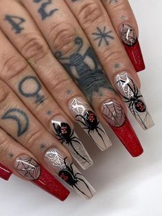 #trendy nails #october nails #witchy nails #elegant nails #fall season nails #early fall nails #gothic nails #halloween nail designs #goth nails Intricate Halloween Nails, Halloween Nails With Bling, Goth Halloween Acrylic Nails, Scary Nails Designs, Halloween Bling Nails, Red Spider Nails, Gothic Halloween Nails, Spider Acrylic Nails, Spider Nails Designs