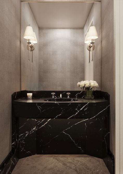 Nero Marquina Bathroom, Blue Marble Bathroom, Penthouse Dining Room, Marble Interior Design, Peter Pennoyer, New York Living, Bathroom Details, Miami Condo, Nero Marquina Marble