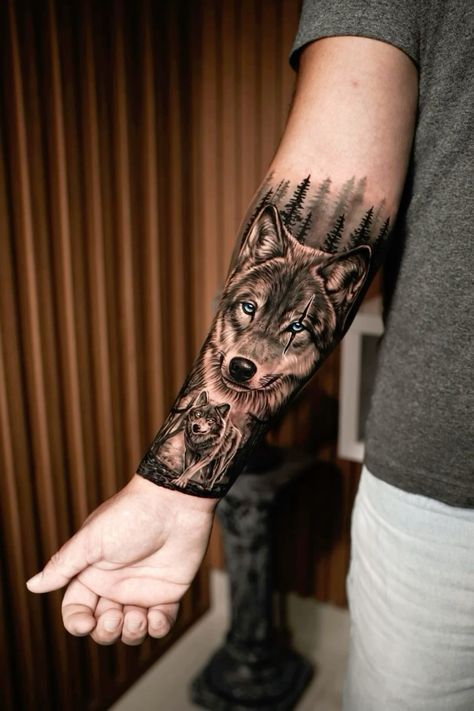 Wolf Tattoos Men Forearm, Men Wolf Tattoo, Tato Wolf, Wolf Forearm Tattoo, Mountain Sleeve Tattoo, Lone Wolf Tattoo, Underarm Tattoo, Tattoo Wolf, Wolf Tattoo Sleeve