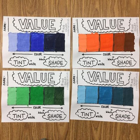 Color And Value Art Lesson, Value Art Element, Color Value Art Lesson Elementary, How To Teach Value In Art, Value Shading Art Projects, Color Theory Art Lessons Elementary, Value Elements Of Art, Color Value Scale Art Projects, Tints And Tones Art Projects