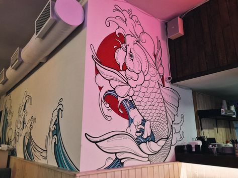 Japanese Tattoo Studio Interior, Wall Painting Mural Ideas, Japanese Mural Art, Japanese Wall Painting, Japanese Mural, Mural Tattoo, Dragon Mural, Bathroom Mural, Graffiti Wildstyle