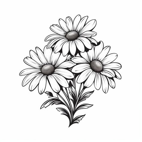 Daisy Tattoo Stencil Outline, Daisy And Poppy Tattoo, 3 Flowers Tattoo, Traditional Daisy Tattoo, Daisy Tattoos For Women, Tattoo Designs Vintage, Flower Flash Tattoo, Black And White Sunflower Tattoo, Flower Tattoo Flash