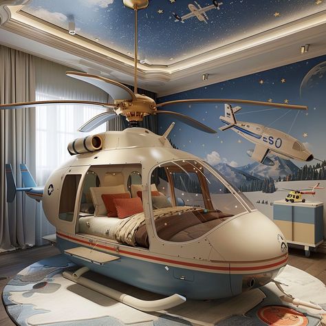 High-Flying Dreams: Helicopter Themed Beds - Aviation Room, Bold Bedroom, Sky Adventure, Bed Stand, Night Flight, Clouds Pattern, Themed Room, Adventure Story, Boys Bedrooms