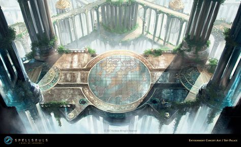 ArtStation - Spellsouls - Environment Concept Art - Sky Palace, Nordeus Games Palace Concept Art, Sky Palace, Dream Fantasy, Landscape Concept, Background Drawing, Fantasy Castle, Fantasy City, Fantasy Places, Futuristic City