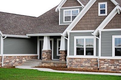 I like the combination of stone, siding, and shakes! The colors are neat too. Gray Siding, Siding Colors For Houses, Exterior House Siding, Exterior House Colors Combinations, Best Exterior Paint, House Paint Color Combination, Gray House, Exterior House Paint Color Combinations, Siding Colors