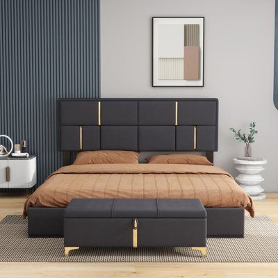 Refresh your bedroom with this 2-piece bedroom set. Made of soft fabric, this platform bed not only gives you a comfortable sleeping experience, but also shows a sense of luxury. The headboard comes with gold accents that add a touch of colour to the entire bedroom. Meanwhile, the hydraulic storage system under the bed makes it easy for you to solve your bedroom storage problems. It also comes with a storage upholstered bench, which not only serves as a bedside bench, but also allows you to stor Bed Back Design Modern Indian, Furniture Design For Bedroom, Bedroom Inspirations Teenage, Bedside Bench, Beautiful Bed Designs, Art Deco Room, Bed Back Design, Bench Bed, Bedroom Design Styles