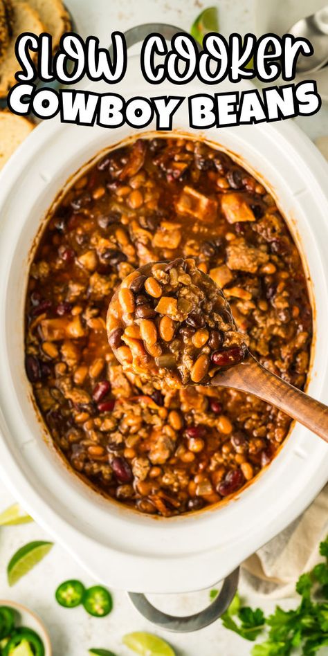 How to make cowboy beans in the slow cooker Cowboy Beans Crockpot, Easy Cowboy Beans, Crockpot Cowboy Beans, Slow Cooker Cowboy Beans, Beans Crockpot, Garlic Brussel Sprouts, Beans In Crockpot, Slow Cooker Beans, Cowboy Beans