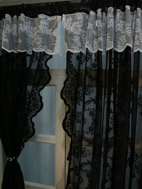 Goth Curtains, Spooky Room, Gothic Decor Bedroom, Gothic Room, Curtain Hanging, Dark Home Decor, Goth Home, Goth Home Decor, Lace Curtains