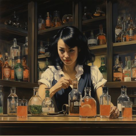 Bartending Aesthetic Girl, Vintage Bartender Aesthetic, Bartender Aesthetic Girl, Bartending Aesthetic, Bartender Illustration, Bartender Aesthetic, Gem Galaxies, Female Bartender, Jazz Painting