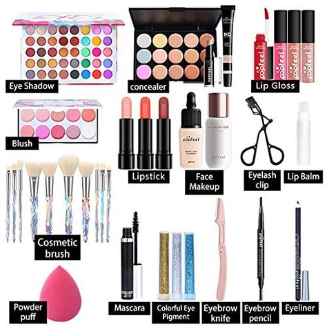 Pure Vie All-in-One Holiday Gift Makeup Set Cosmetic Essential Starter Bundle Include Eyeshadow Palette Lipstick Concealer Blush Mascara Foundation Face Powder - Makeup Kit for Women Full Kit Starter Makeup, Travel Makeup Kit, Makeup Beginner, Powdered Eyeliner, Vibrant Makeup, Party Dancing, Lipstick Palette, Dancing Party, Cosmetic Kit