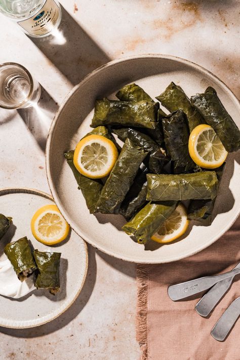 Levantine Recipes, Warak Enab, Lebanese Mezze, Greek Vegetarian, Monthly Meals, Stuffed Vine Leaves, Stuffed Grape Leaves, Appetizer Platters, Vine Leaves