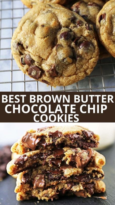 Best Brown Butter Chocolate Chip Cookie Recipe. How to make the best salted brown butter chocolate chip cookies at home. These chocolate chip cookies have rich, toffee notes with chocolate chunks. Saucepan chocolate chip cookie recipe. Easy Cookie Recipe, Brown Butter Chocolate Chip, Brown Butter Cookies, Brown Butter Chocolate Chip Cookies, Tasty Desserts, Chocolate Chip Cookies Recipe, Favorite Cookie Recipe, Gourmet Cookies, Chewy Chocolate Chip