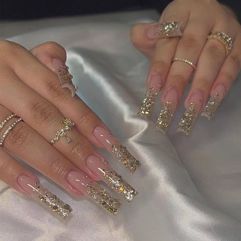 PRICES MAY VARY. [Package Content] You will get 24 pieces of IMRAIN long square press on nails, a small clear box with glue, and you can trim it to any length you want~ [Quality Material] These gold glitter press on nails are made of quality acrylic material, non-toxic and gentle to your nails and skin, durable and not easy to be scratched, will give you a nice manicure experience. [Easy to Use] After trimming and cleaning your nails, choose a false nail that is suitable for your own nail size, Gold Glitter Acrylic Nails, Glitter Acrylic Nails, Nails Long Square, Champagne Nails, Quinceanera Nails, Nails Bling, Press On Nails Long, Nails Glossy, Long Press On Nails