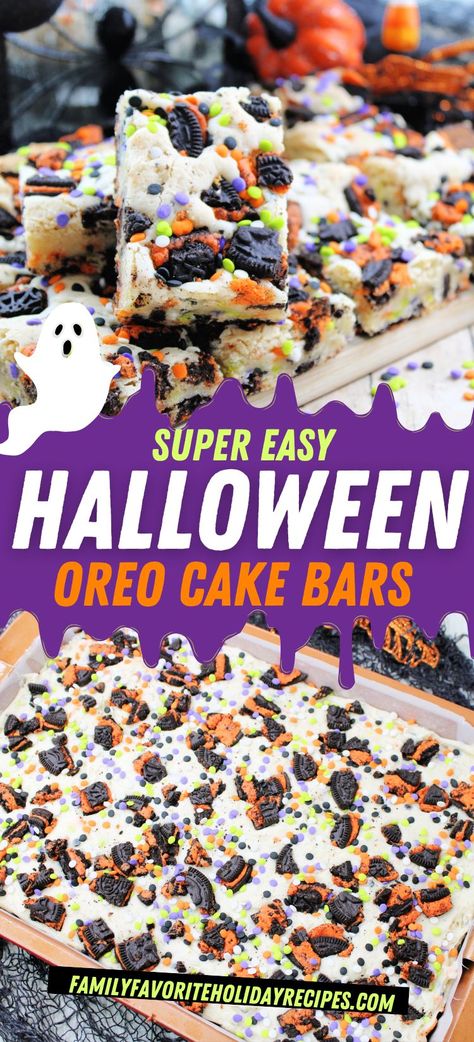 Halloween Deserts Recipes Easy, Halloween Cake Mix Recipes, Halloween Oreo Cake Bars, Halloween Party Food Make Ahead, Halloween Desserts With Oreos, Halloween Oreo Recipes, Halloween Spooky Snacks, Dessert For Halloween, Halloween Desert Ideas Easy