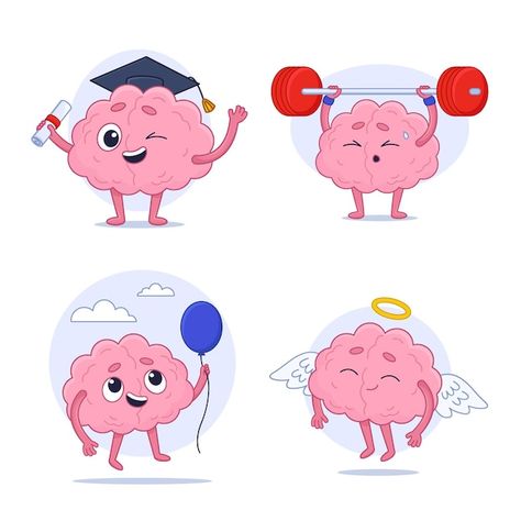 Set of cute cartoon human brain characte... | Free Vector #Freepik #freevector Brain Character Design, Brain Doodle, Brain Character, Brain Cartoon, Cartoon Brain, Brain Vector, Brain Book, Cartoon Human, Picture Illustration