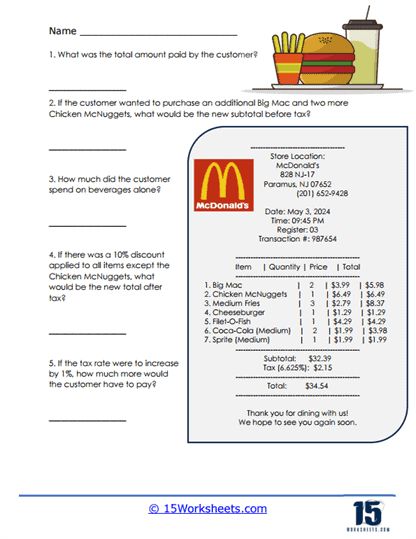 Meal Math Mastery Worksheet - 15 Worksheets.com Menu Math Worksheets Free, Mac Chicken, Menu Math, Chicken Mcnuggets, Holiday Science, Maths Worksheets, Kindergarten Social Studies, Math Sheets, Simple Menu