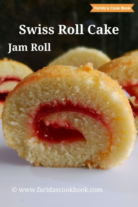 swiss roll cake | roll cake | how to make swiss roll cake recipe | jam roll - Faridas Cook Book Swiss Roll Cake Recipe, Swiss Roll Recipe, Mint Lemonade Recipe, Jam Roll, Roll Cake Recipe, Swiss Roll Cakes, Soft Cake, Swiss Roll Cake, Dipped Cookies