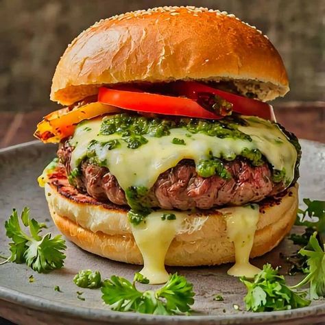 Argentine Asado Burgers with Provolone and Chimichurri combine the flavors of traditional Argentine grilling with the classic burger. These burgers are made with juicy beef, topped with melted provolone, and finished with a generous drizzle Argentine Asado, Provolone Recipes, Argentinian Cuisine, Argentine Recipes, Marbled Meat, Argentina Food, Classic Burger, Argentinian Food, Chimichurri Sauce