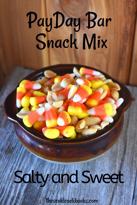 PayDay Snack Mix with Candy Corn and Peanuts - These Old Cookbooks Candy Corn Dessert Recipes, White Chocolate Snack Mix, Candy Corn Mix, Chocolate Snack Mix, Candy Corn Recipe, Fall Snack Mixes, Peanut Snack, Halloween Snack Mix, Picnic Potluck