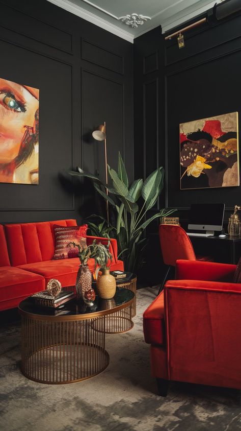 Discover how dark walls can create a sophisticated backdrop for vibrant decor. This living room showcases a striking red couch that draws the eye while maintaining a chic vibe. #homedecor #homedesign #homeredo #homeinspo #homeinterior Red Couch Interior Design, Dark Red Living Room Ideas, Red Couch Living Room Ideas Apartments, Dark Minimalist Living Room, Dark Red Living Room, Living Room Red Couch, 80s Living Room Aesthetic, Red Couch Living Room Ideas, Dark Earthy Living Room