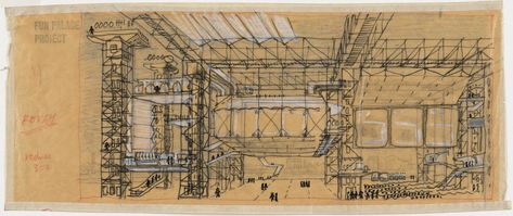 Cedric Price. Fun Palace for Joan Littlewood Project, Stratford East, London, England (Perspective). 1959–1961 Joan Littlewood, Cedric Price, New Urbanism, Urban Housing, Isle Of Dogs, Afterschool Activities, Space Time, Scaffolding, New Town