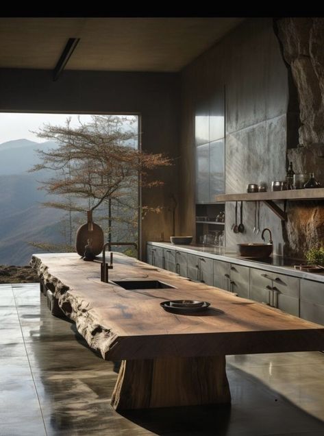 Dapur Moden, Wabi Sabi Kitchen, Organic Modern Kitchen, Kitchen Inspiration Design, Dream House Interior, Dream House Decor, Wooden Table, Rustic Kitchen, Dream Home Design