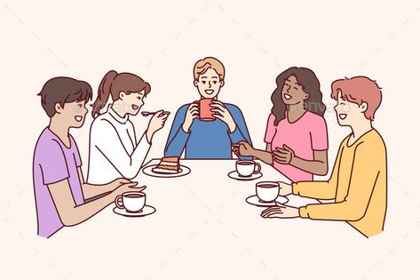 Group of Multiethnic Colleagues Drink Coffee Drinking Coffee Drawing, Meeting Drawing, Cartoons Eating, Group Drawing, Coffee And Friends, Minimal Drawing, Sitting At Table, Minimal Drawings, Friends Illustration