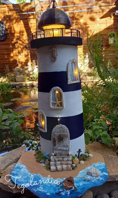 Lighthouse Diy, Antique Tea Cart, Houseboat Decor, Diy Lighthouse, Nautical Decor Diy, House Lighting Outdoor, Giant Flowers Diy, Lighthouse Crafts, Beach Crafts Diy