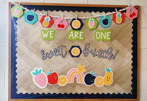 I made this board for a teacher friend of mine who teaches in the elementary school. She wanted a fruit theme in her classroom, but something with bold colors. Loved how this turned out! Classroom Fruit Theme Decor, Fruit Birthday Board Classroom, Fruit Classroom Door Ideas, Fruit Themed Bulletin Board, Fruit Themed Classroom Decor, Food Theme Classroom, Fruit Classroom Decor, Fruit Classroom Theme, Fruit Bulletin Board