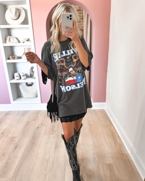 Happy Saturday! New arrivals are now l i v e 📱 Shop online or in-store with us today from 10-4😘 Black Slip Skirt Outfit, Skirt With Tshirt, Slip Skirt Outfit, High Cowboy Boots, Knee High Cowboy Boots, Nashville Outfits, Half Slip, Slip Skirt, Tee Outfit