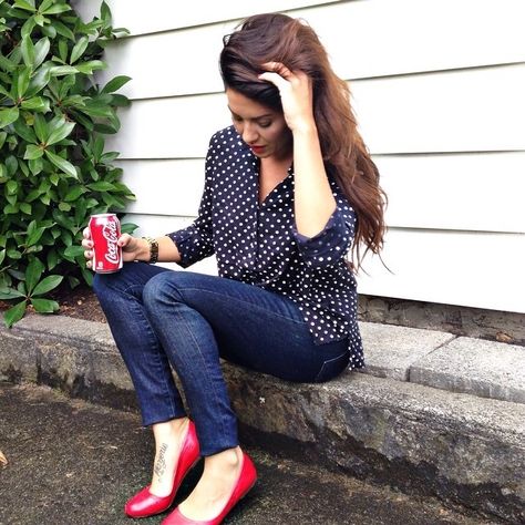 Taking a break from heels today in navy, white and red... Classic! Register with  for all the outf... #liketkit www.liketk.it/f3jO @liketkit Flat Shoes Outfit Ideas, Red Flat Shoes Outfit, Polka Dot Shirt Outfit, Jillian Harris Style, Red Flats Outfit, Dark High Waisted Jeans, Shoes Outfit Ideas, Red Flat Shoes, Red Shoes Outfit