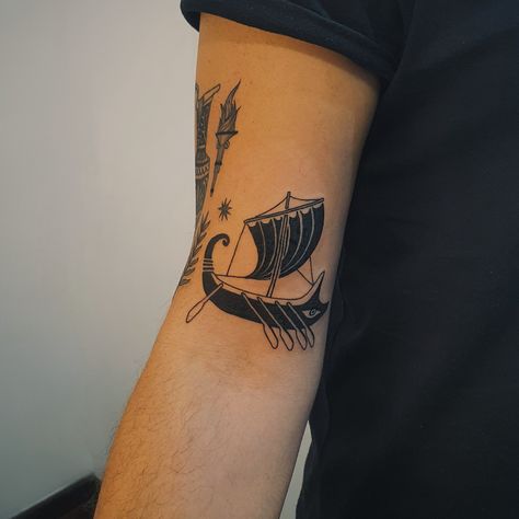 Archaeology Inspired Tattoos, Greek Boat Tattoo, Greek Ship Tattoo, Greek Pottery Tattoo, Iliad Tattoo, Greek Aesthetic Tattoo, Odysseus Tattoo, Greek Inspired Tattoos, Tattoos Torso