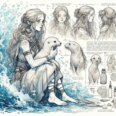 Page 9 - 12: "Dwellers of the Cold Seas" #aiart #aiartcommunity #aiartwork #fantasy #fantasyart #fantasyartwork #sea #mythical #ocean #siren #mermaid #selkie #fieldguide #beastiary #sketch Selkie Fantasy Art, Mythical Ice Creatures, Selkie Mythology Drawing, Siren Poses Reference, Selkie Tattoo Celtic, Selkie Core Aesthetic, Selkies Seal, Selkie Male, Siren Folklore