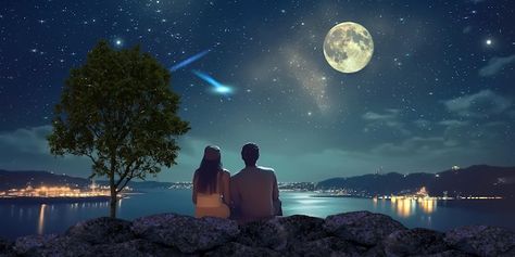 Photo couple sitting on a rock watching ... | Premium Photo #Freepik #photo #relationship #lovers #moon-background #mountain-night Photo Relationship, Couple Cartoon Pictures, 16:9 Backgrounds, Good Night Couple, Free Facebook Cover Photos, Watching The Moon, Lovers Images, Best Pov, Couple Sitting