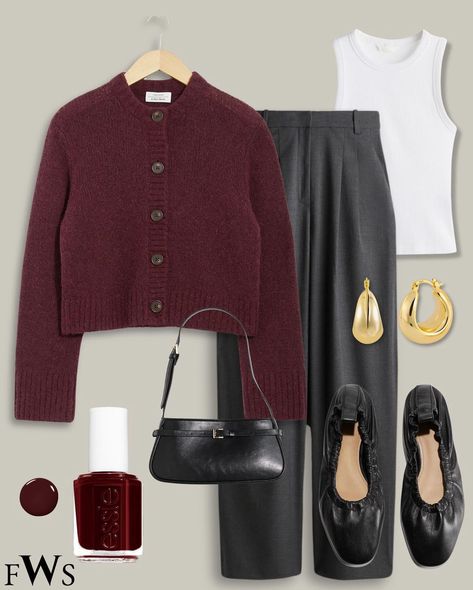 Burgundy Cardigan Outfit Fall, Cardigan Office Outfit, Burgundy Cardigan Outfit, Minimalist Fall Outfit, Cardigan Fall Outfit, Outfit Minimalist, Burgundy Outfit, Burgundy Cardigan, Autumn Trends