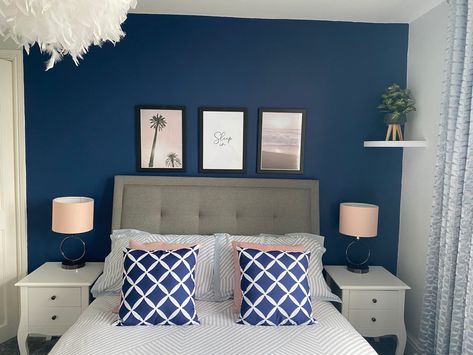 Dulux Sapphire Salute feature wall - bedroom design. Navy and blush Navy Bedroom Feature Wall, Sapphire Salute Dulux Paint, Dulux Sapphire Salute Bedrooms, Navy And Oak Bedroom, Dulux Sapphire Salute Living Rooms, Sapphire Salute Bedroom, Small Navy Bedroom, Sapphire Blue Bedroom, Navy Blue Feature Wall Bedroom