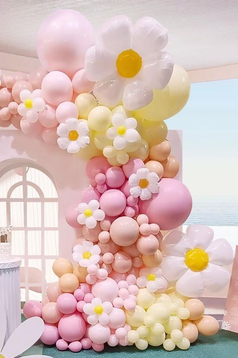 Bring the joy of spring to your Easter decor with our Daisy Pastel Balloons Garland Arch Kit! 🐣 Perfect for adding a pop of color to any celebration. #EasterDecor #SpringVibes Spring Balloon Arch, Spring Balloon Garland, Daisy Party Theme, Daisy Baby Shower Theme, Daisy Balloon Garland, Pastel Balloon Arch, Flower Balloons, Easter Theme Party, Groovy Daisy