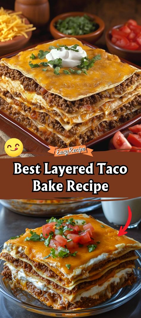 Unwrap layers of deliciousness with our Layered Taco Bake, a fun twist on taco night that stacks tortillas, seasoned ground beef, and plenty of cheese in one delightful dish. It's a crowd-pleaser that's as fun to make as it is to eat. #TacoBake #FunDinner #TacoNight Easy Taco Bake With Tortillas, Stacked Taco Bake, Mexican Dinners With Ground Beef, Layered Taco Pie With Tortillas, Upside Down Taco Bake, Dutch Oven Taco Casserole, Twice Baked Crispy Cheesy Taco Rice Casserole, Ground Beef Tortilla Casserole, Taco Tortilla Casserole