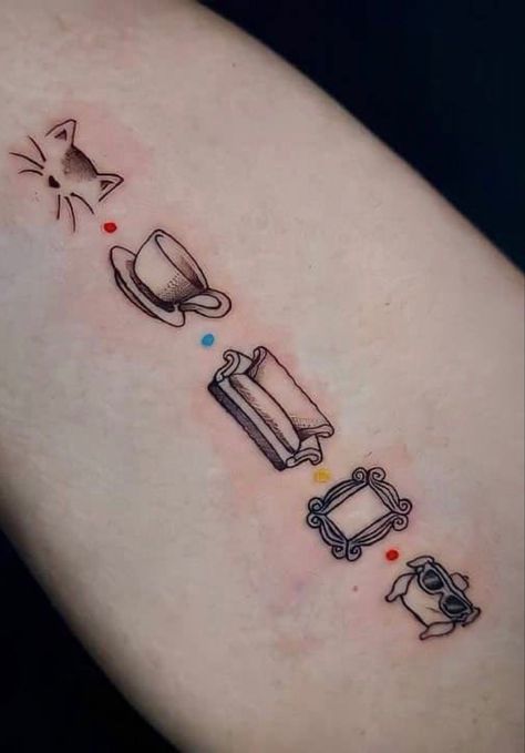 Matching Friends Tattoo Tv Show, Friends Show Theme Tattoo, The Office Friend Tattoos, Tattoo Ideas Friends Tv Show, Friends Door Frame Tattoo, Small Friends Tattoos Show, Friends Sitcom Tattoo, Friends Couch Tattoo, Tattoo Friends Serie