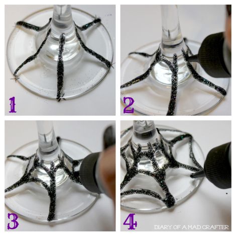 Spiderweb Wine Glasses: A Tutorial – Diary of a Mad Crafter Halloween Wine Glasses Diy, Halloween Yard Props, How To Make Spiders, Halloween Wine Glasses, Cup Drawing, Halloween Box, Light Bulb Crafts, Fun With Food, Wine Glass Decor