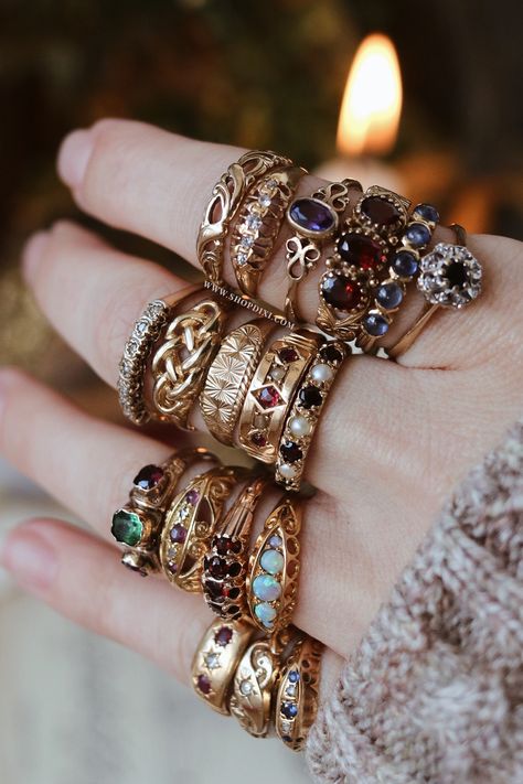 stacked semi precious 9ct gold vintage rings Wizard Jewelry, Grunge Earrings, Antique Rings Victorian, Jewellery Aesthetic, Antique Rings Vintage, Faberge Jewelry, Aesthetic Rings, Sweet Jewelry, Mode Boho